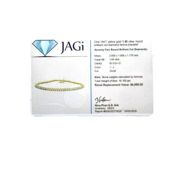 14K Yellow Gold 1.95cttw Diamond Tennis Bracelet JAGi Cert. (16023) - Picture 7 of 8